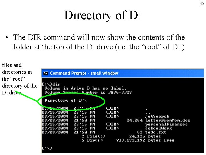45 Directory of D: • The DIR command will now show the contents of 45 Directory of D: • The DIR command will now show the contents of