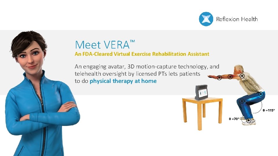 Meet ™ VERA An FDA-Cleared Virtual Exercise Rehabilitation Assistant An engaging avatar, 3 D