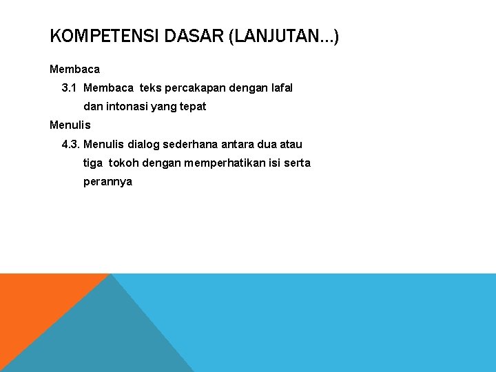 KOMPETENSI DASAR (LANJUTAN. . . ) Membaca 3. 1 Membaca teks percakapan dengan lafal