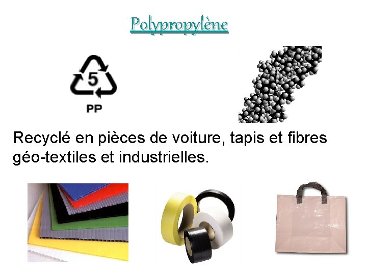 Polypropylène Recyclé en pièces de voiture, tapis et fibres géo-textiles et industrielles. 