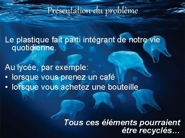 Présentation du problème Le plastique fait parti intégrant de notre vie quotidienne. Au lycée,