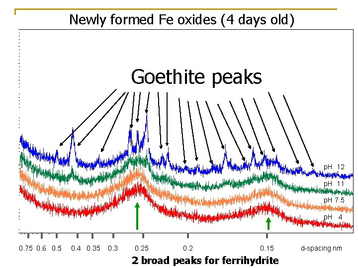 Newly formed Fe oxides (4 days old) Goethite peaks p. H 12 p. H