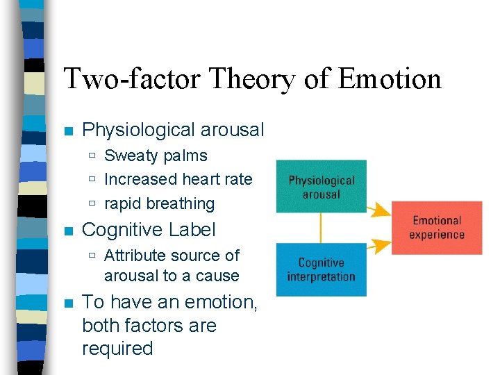 Two-factor Theory of Emotion n Physiological arousal ù Sweaty palms ù Increased heart rate