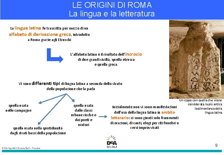 LE ORIGINI DI ROMA La lingua e la letteratura La lingua latina fu trascritta