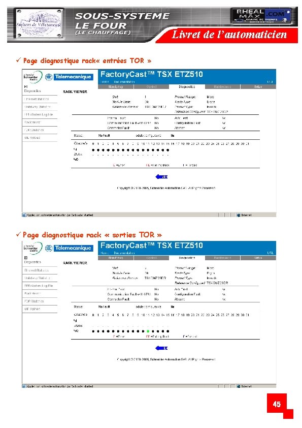 Livret de l’automaticien ü Page diagnostique rack « entrées TOR » ü Page diagnostique