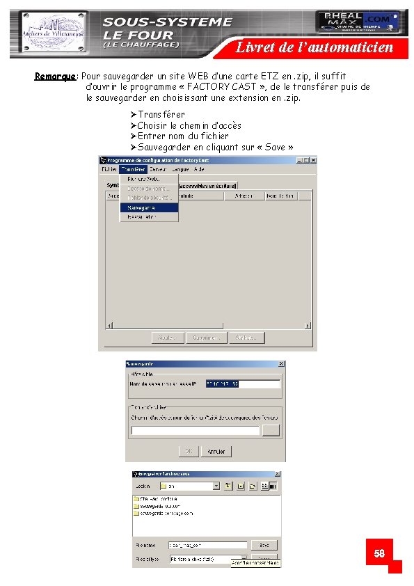 Livret de l’automaticien Remarque: Pour sauvegarder un site WEB d’une carte ETZ en. zip,
