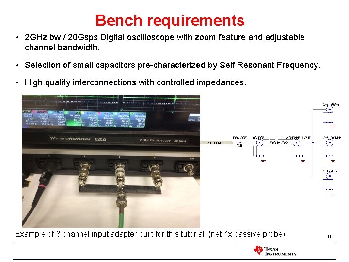 Bench requirements • 2 GHz bw / 20 Gsps Digital oscilloscope with zoom feature