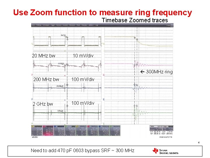 Use Zoom function to measure ring frequency Timebase Zoomed traces 20 MHz bw 10