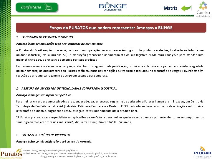 Matriz Forças da PURATOS que podem representar Ameaças à BUNGE 1. INVESTIMENTO EM INFRA-ESTRUTURA