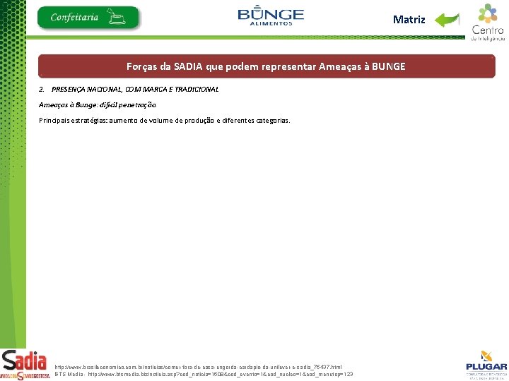 Matriz Forças da SADIA que podem representar Ameaças à BUNGE 2. PRESENÇA NACIONAL, COM