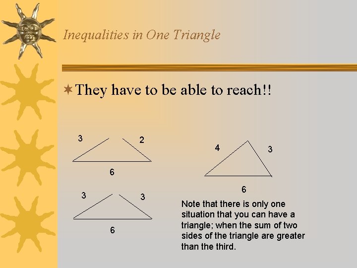 Inequalities in One Triangle ¬They have to be able to reach!! 3 2 4 Inequalities in One Triangle ¬They have to be able to reach!! 3 2 4