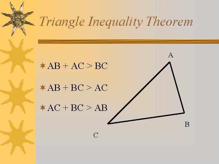 Triangle Inequality Theorem A ¬AB + AC > BC ¬AB + BC > AC Triangle Inequality Theorem A ¬AB + AC > BC ¬AB + BC > AC