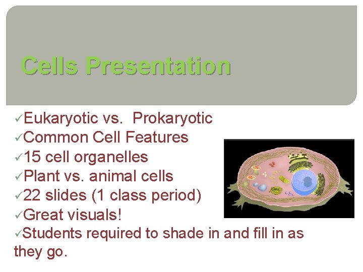 Cells Presentation üEukaryotic vs. Prokaryotic üCommon Cell Features ü 15 cell organelles üPlant vs.