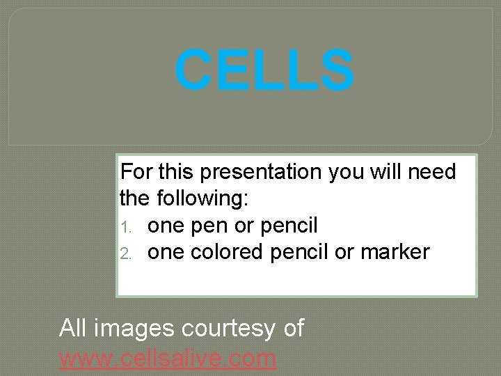 CELLS For this presentation you will need the following: 1. one pen or pencil
