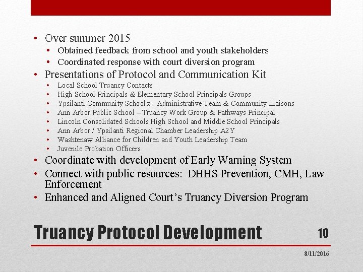  • Over summer 2015 • Obtained feedback from school and youth stakeholders •