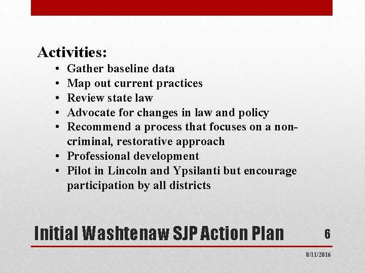 Activities: • • • Gather baseline data Map out current practices Review state law