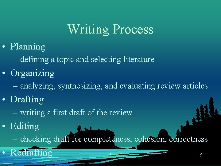 Writing Process • Planning – defining a topic and selecting literature • Organizing –