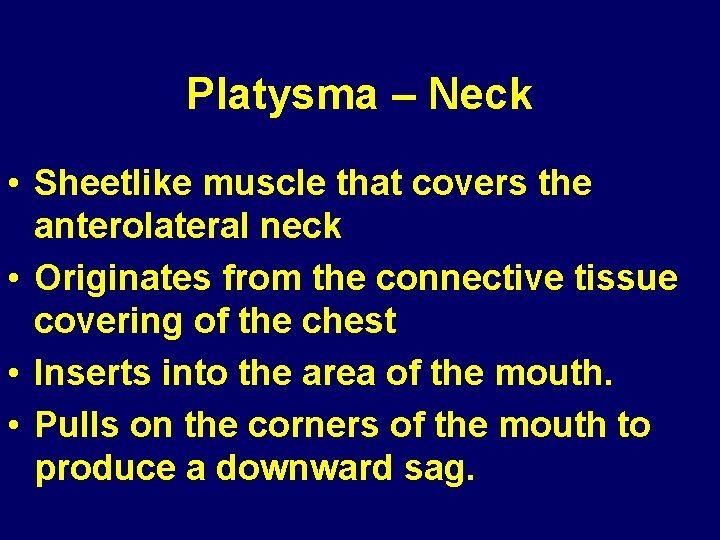 Platysma – Neck • Sheetlike muscle that covers the anterolateral neck • Originates from Platysma – Neck • Sheetlike muscle that covers the anterolateral neck • Originates from