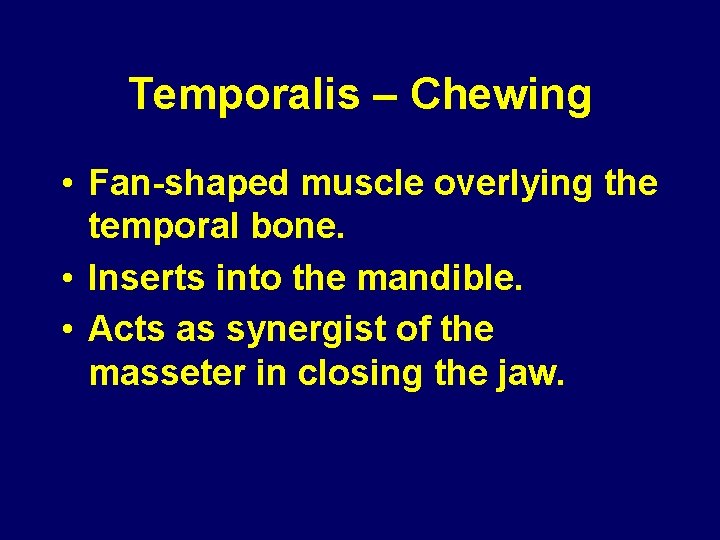 Temporalis – Chewing • Fan-shaped muscle overlying the temporal bone. • Inserts into the