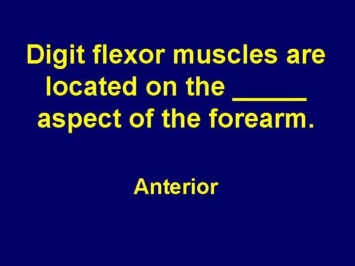 Digit flexor muscles are located on the _____ aspect of the forearm. Anterior 