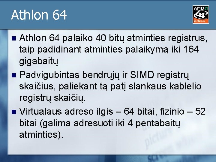 Athlon 64 palaiko 40 bitų atminties registrus, taip padidinant atminties palaikymą iki 164 gigabaitų