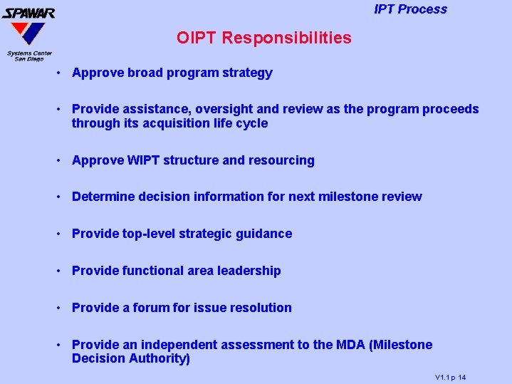 IPT Process OIPT Responsibilities • Approve broad program strategy • Provide assistance, oversight and