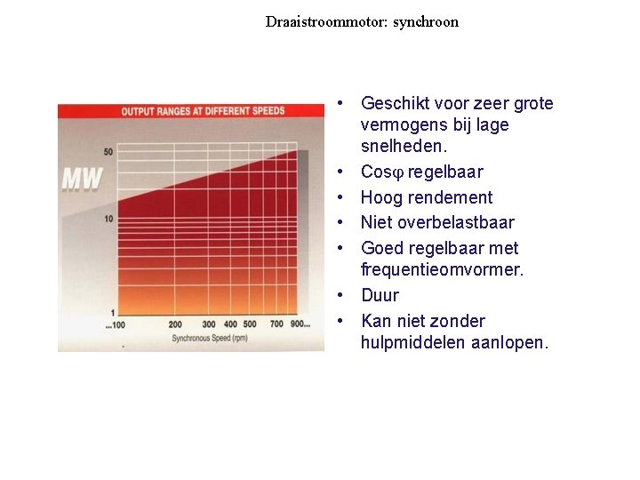Draaistroommotor: synchroon Eigenschappen synchrone motor. • Geschikt voor zeer grote vermogens bij lage snelheden.