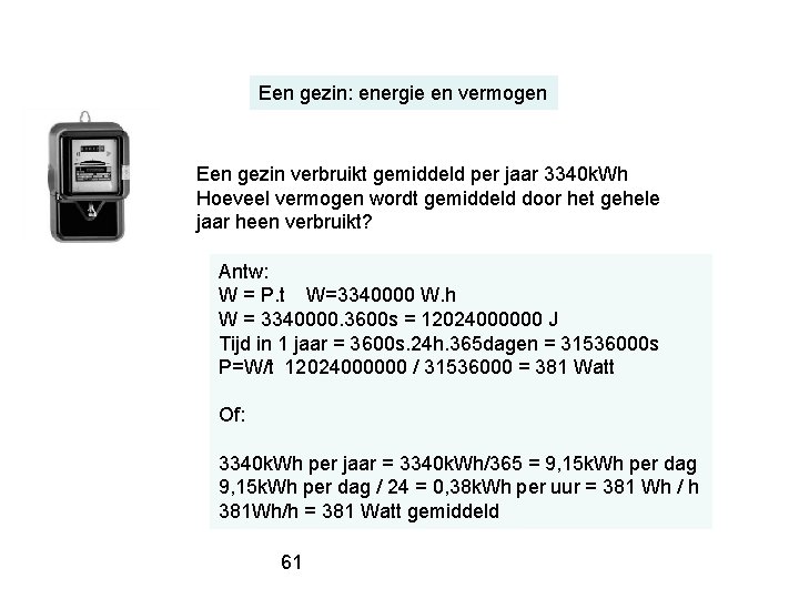 Een gezin: energie en vermogen Een gezin verbruikt gemiddeld per jaar 3340 k. Wh
