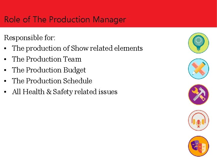 Role of The Production Manager Responsible for: • The production of Show related elements