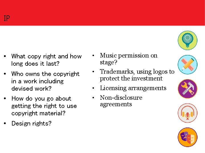 IP • What copy right and how long does it last? • Who owns