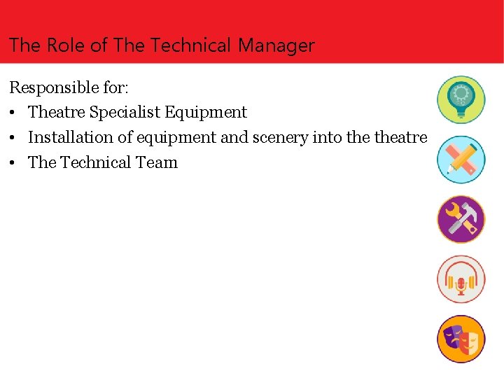 The Role of The Technical Manager Responsible for: • Theatre Specialist Equipment • Installation