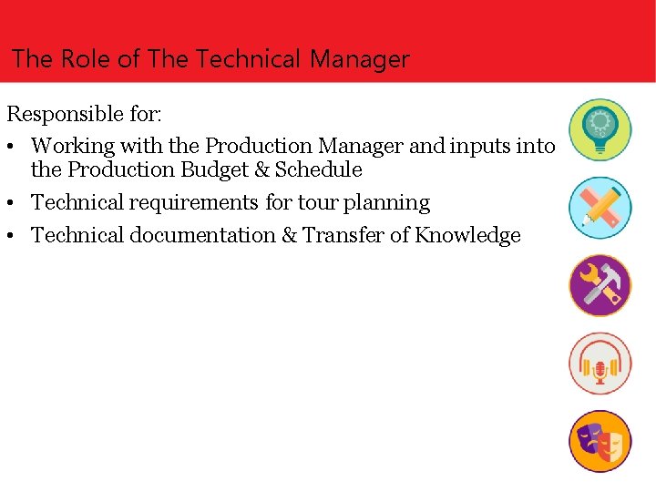 The Role of The Technical Manager Responsible for: • Working with the Production Manager