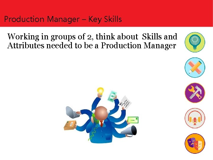 Production Manager – Key Skills Working in groups of 2, think about Skills and