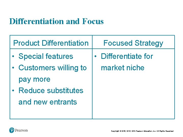 Differentiation and Focus Product Differentiation Focused Strategy • Special features • Differentiate for • Differentiation and Focus Product Differentiation Focused Strategy • Special features • Differentiate for •