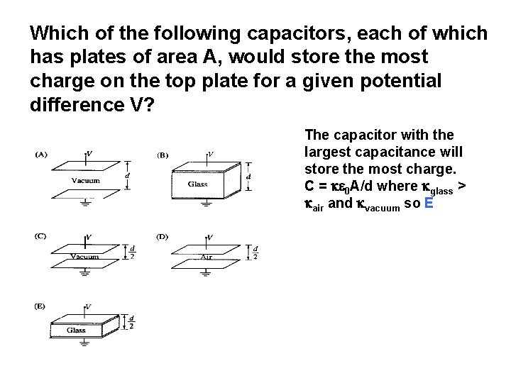 Which of the following capacitors, each of which has plates of area A, would