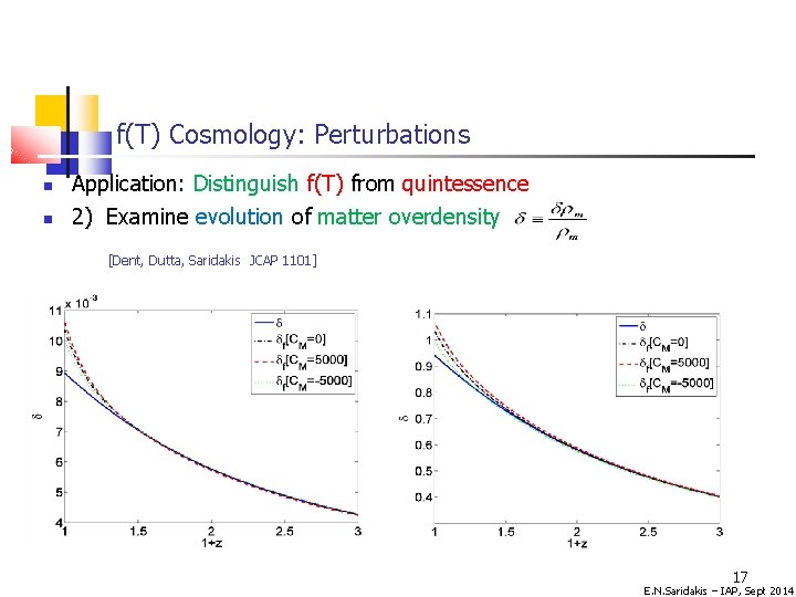 f(T) Cosmology: Perturbations Application: Distinguish f(T) from quintessence 2) Examine evolution of matter overdensity