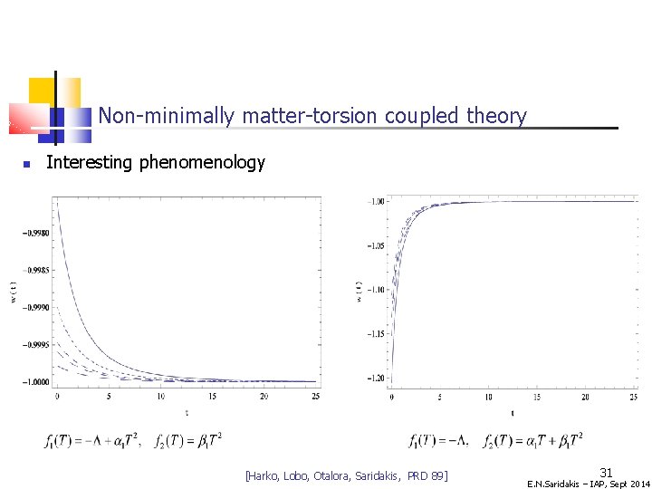 Non-minimally matter-torsion coupled theory Interesting phenomenology [Harko, Lobo, Otalora, Saridakis, PRD 89] 31 E.