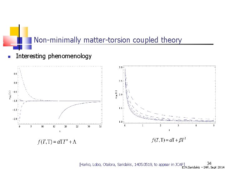 Non-minimally matter-torsion coupled theory Interesting phenomenology [Harko, Lobo, Otalora, Saridakis, 1405. 0519, to appear