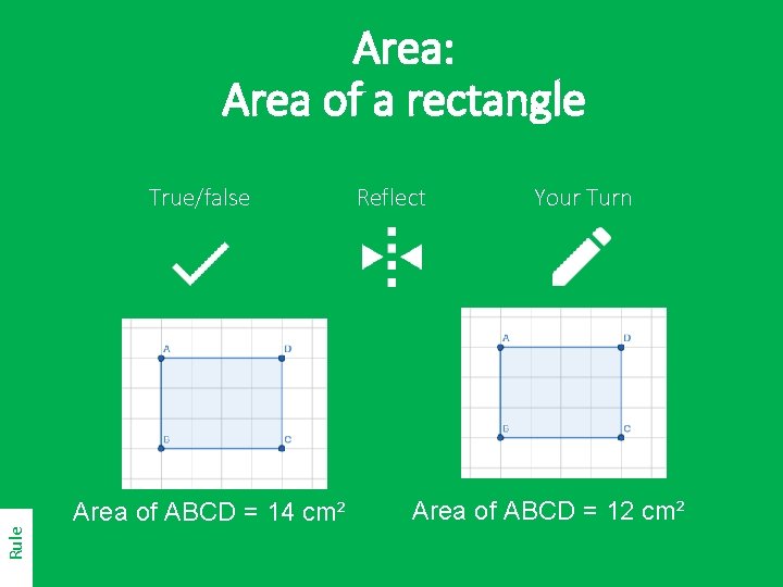 Area: Area of a rectangle Rule True/false Area of ABCD = 14 cm² Reflect