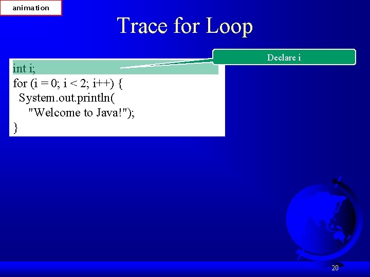 animation Trace for Loop int i; for (i = 0; i < 2; i++)