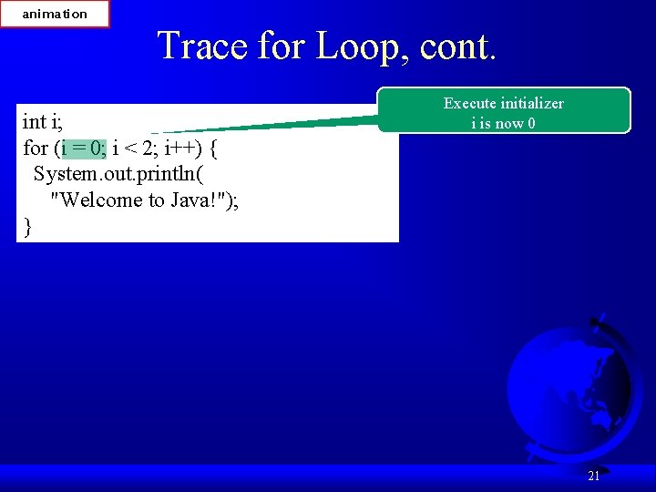 animation Trace for Loop, cont. int i; for (i = 0; i < 2;