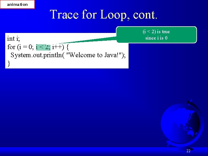 animation Trace for Loop, cont. int i; for (i = 0; i < 2;