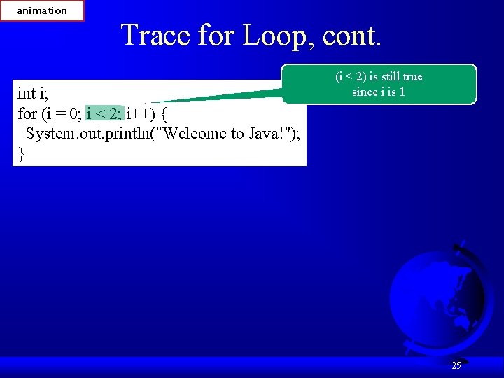 animation Trace for Loop, cont. int i; for (i = 0; i < 2;