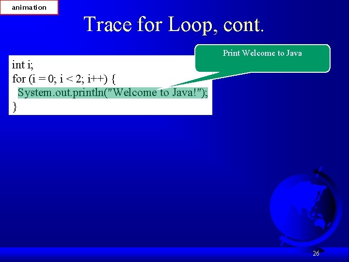 animation Trace for Loop, cont. Print Welcome to Java int i; for (i =