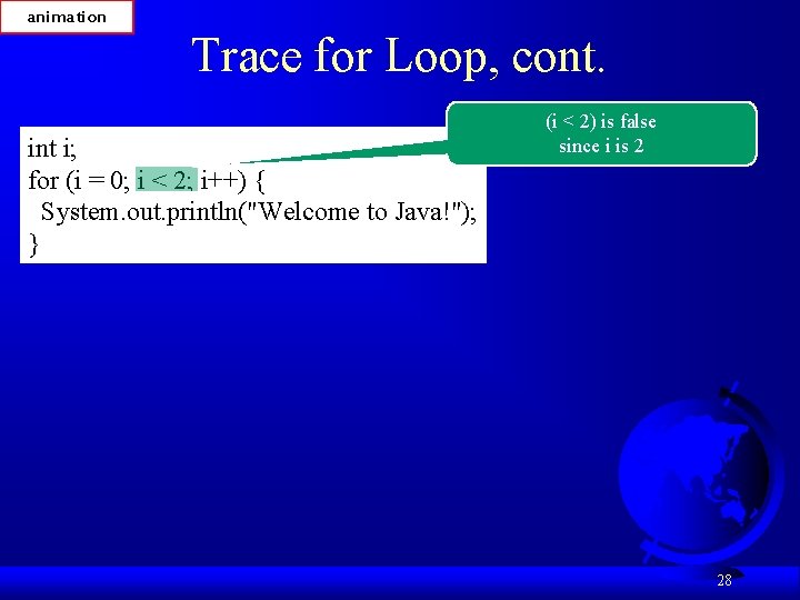 animation Trace for Loop, cont. int i; for (i = 0; i < 2;