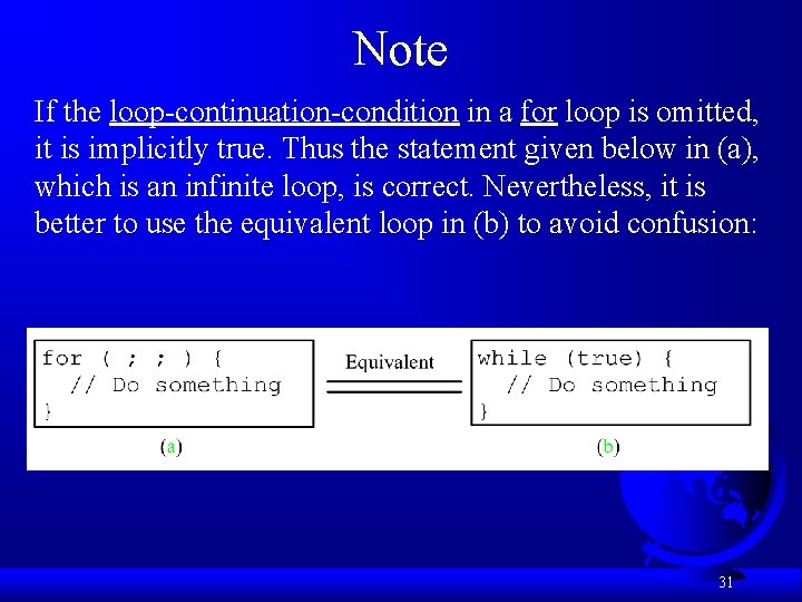 Note If the loop-continuation-condition in a for loop is omitted, it is implicitly true.