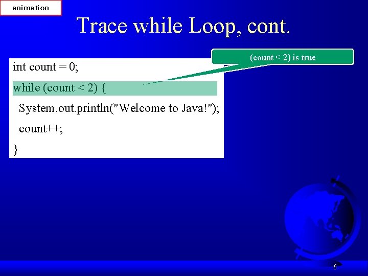 animation Trace while Loop, cont. int count = 0; (count < 2) is true
