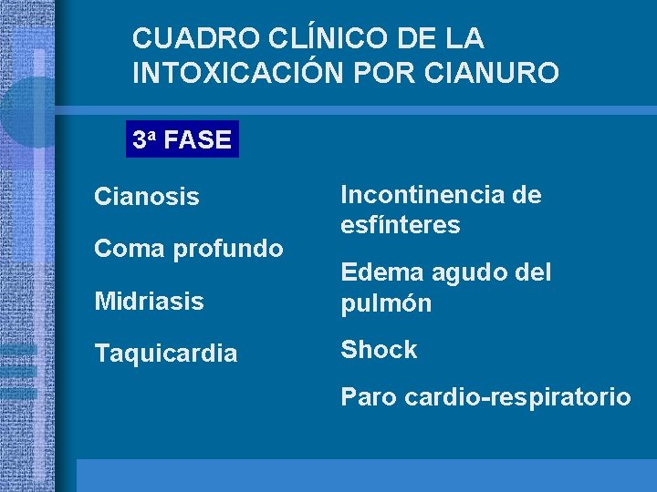 CUADRO CLÍNICO DE LA INTOXICACIÓN POR CIANURO 3 a FASE Cianosis Coma profundo Incontinencia