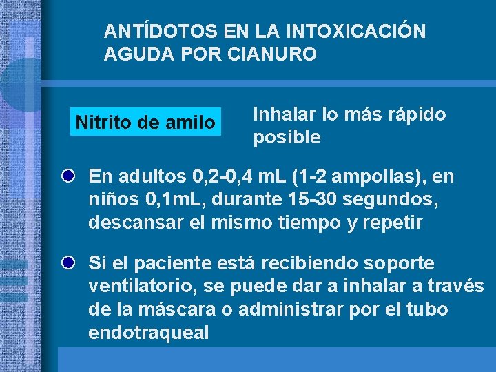 ANTÍDOTOS EN LA INTOXICACIÓN AGUDA POR CIANURO Nitrito de amilo Inhalar lo más rápido