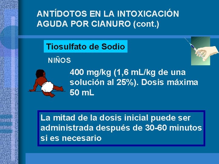 ANTÍDOTOS EN LA INTOXICACIÓN AGUDA POR CIANURO (cont. ) Tiosulfato de Sodio NIÑOS 400